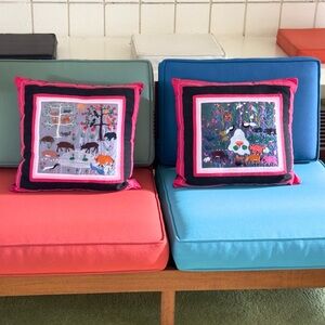 Night and Day Animals Garden Folk Art Embroidered Handmade Decorative 2 Pillows